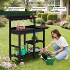 SERWALL Potting Bench Outdoor Potting Table with Sink, HDPE Material All Weather Use- Black