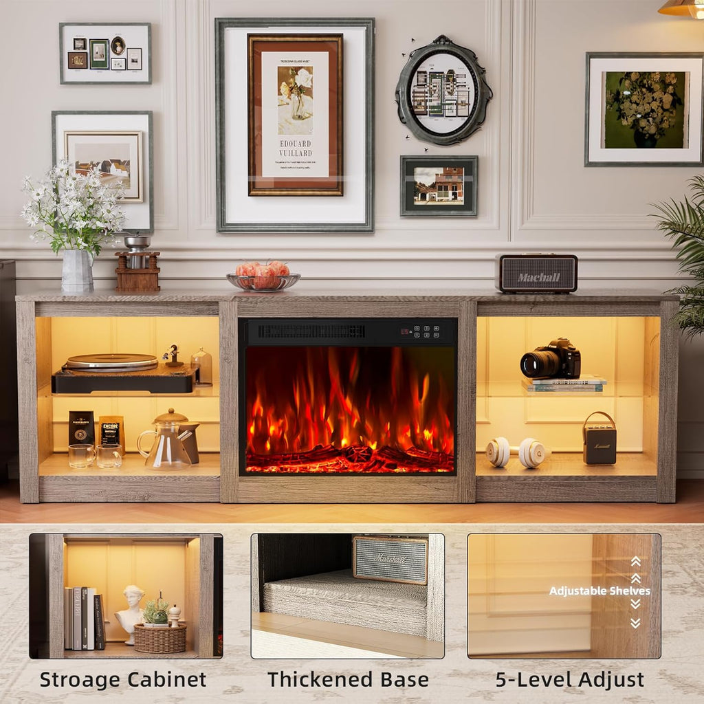70 Inch Fireplace TV Stand For TVs Up To 80 Inches With 23 Inch Electric Fireplace Insert - Gray