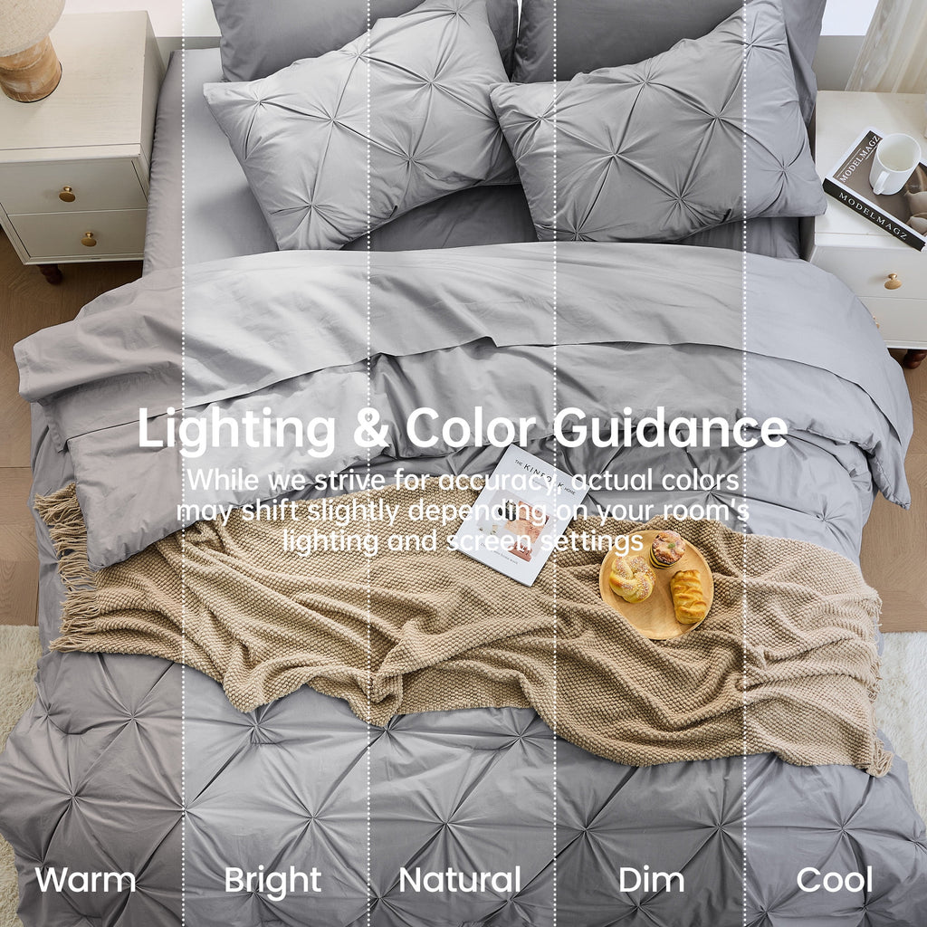 Sasttie Queen Size Comforter Set, 7-Piece Bed in a Bag, Pintuck Bedding Sets for All Season, Light Grey