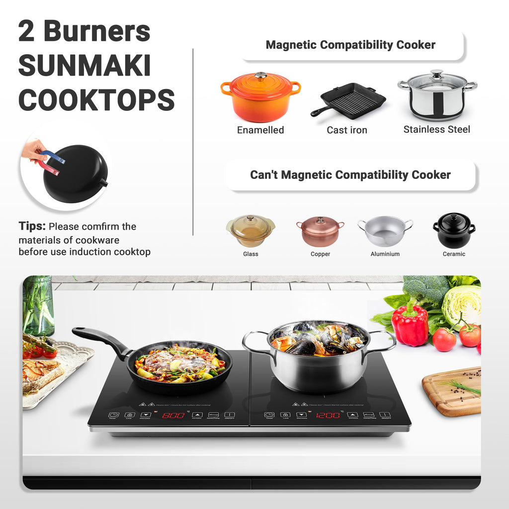 Sunmaki Double Induction Cooktop Portable Electric Stove 2 Burners Electric Cooktops 1800W, 10 Temperature & Power Levels