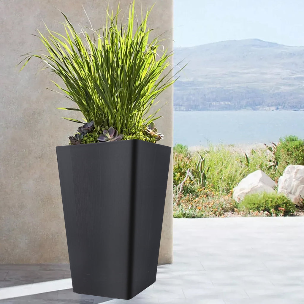 FOUKUS Tall Planters for Outdoor Plants Set of 2 - 18.3 Inch Black Plastic Planter Pots with Drainage Mesh Pads & Removable Shelf - Front Porch
