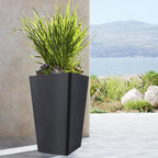 FOUKUS Tall Planters for Outdoor Plants Set of 2 - 18.3 Inch Black Plastic Planter Pots with Drainage Mesh Pads & Removable Shelf - Front Porch