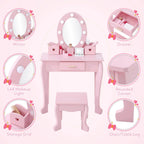 Kids Wood Vanity Table And Chair Set With Lights, Mirror, Drawer And Stool