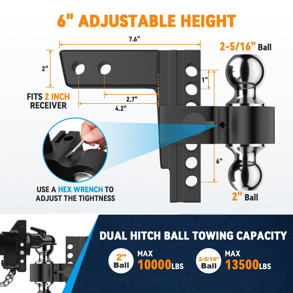 Adjustable Trailer Hitch, Fits 2" Receiver-Heavy Duty Aluminum Tow Hitches with 6-inch Drop/Rise for Truck (13,500 lbs GTW) - Weatherproof Double