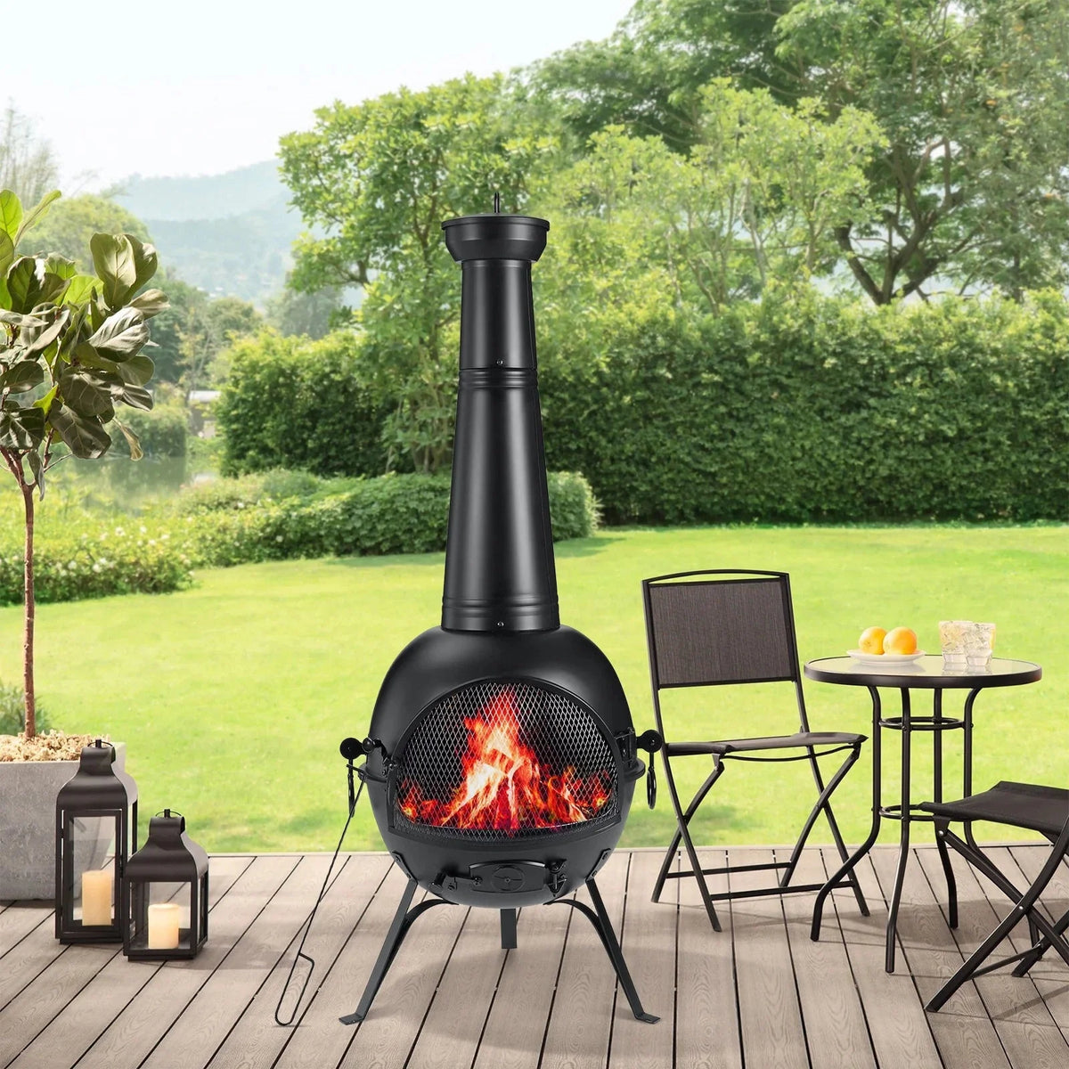 SinglyFire Outdoor Wood-Burning Cast Iron Chiminea Fireplace With Cover Rain Lids - Black