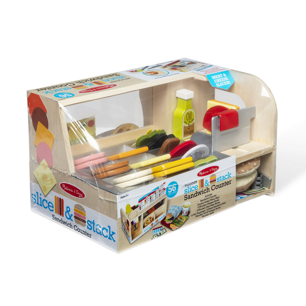 Melissa & Doug Wooden Slice & Stack Sandwich Counter with Deli Slicer – 56-Pieces - FSC Certified