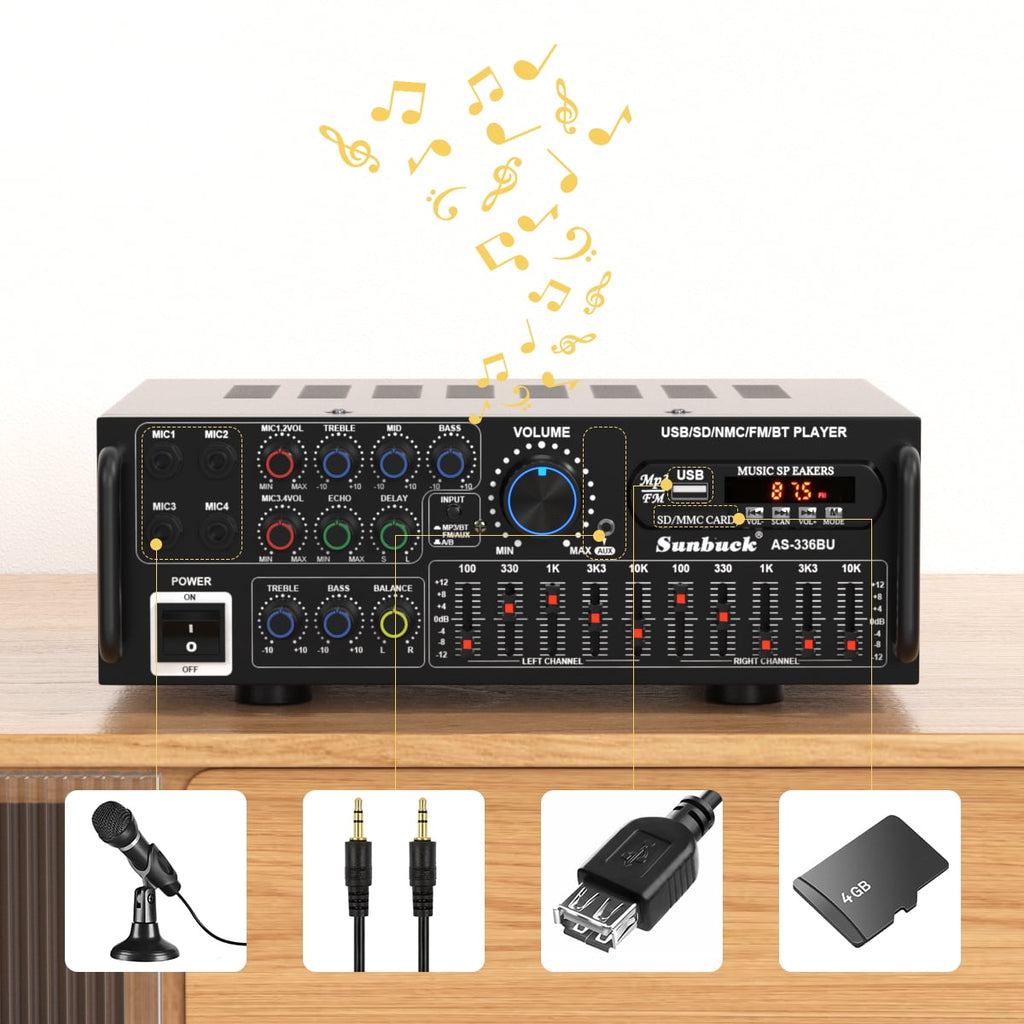 Sunbuck 2000W Bluetooth 5.0 HiFi Stereo Receiver, Karaoke Power Amplifier with FM USB SD AUX Remote, Home Theater Audio System for Speakers