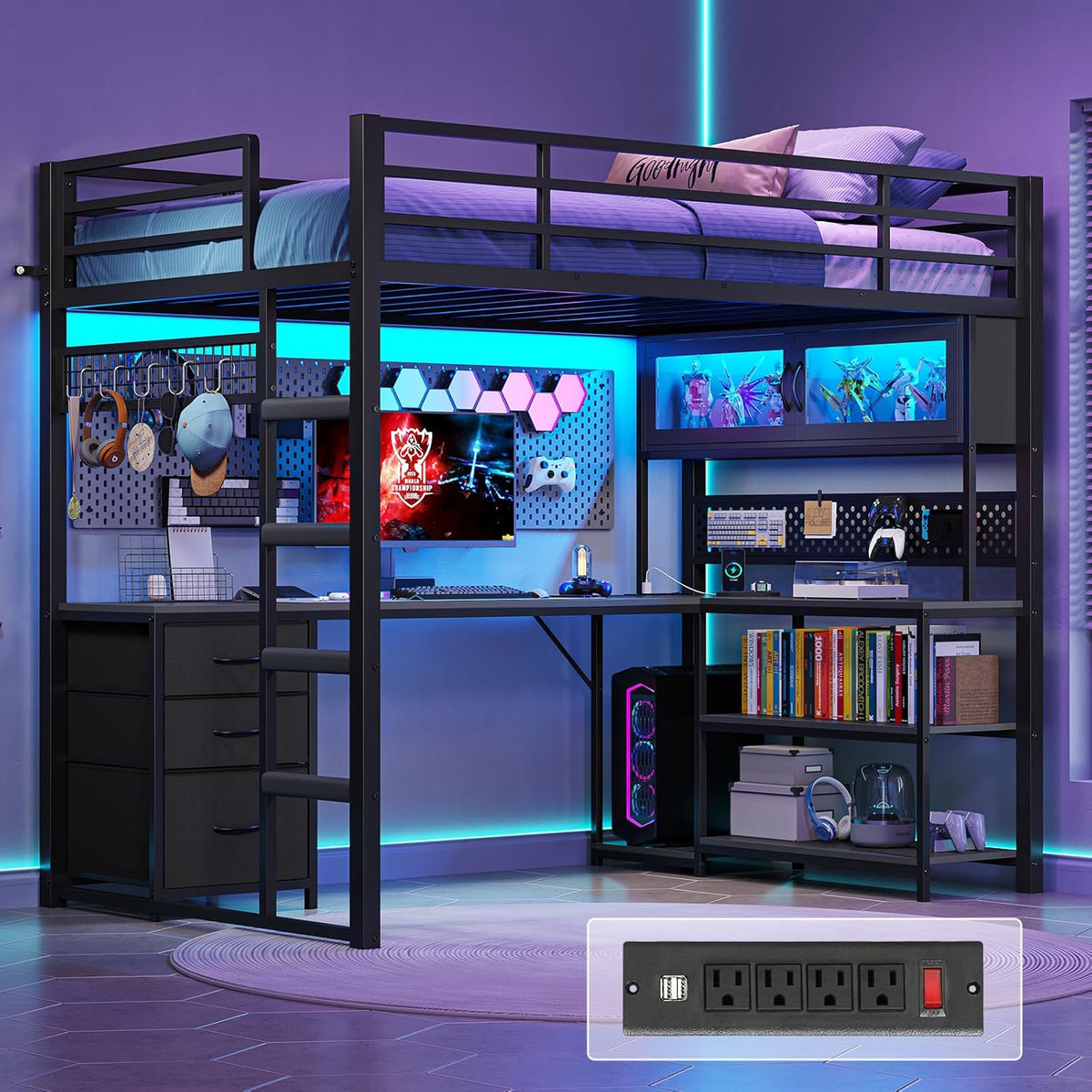 ADORNEVE Twin Size Metal Loft Bed With 75.6 x 41 in L-Shaped Gaming Desk, Drawers, Hutch And RGB Lights - Black