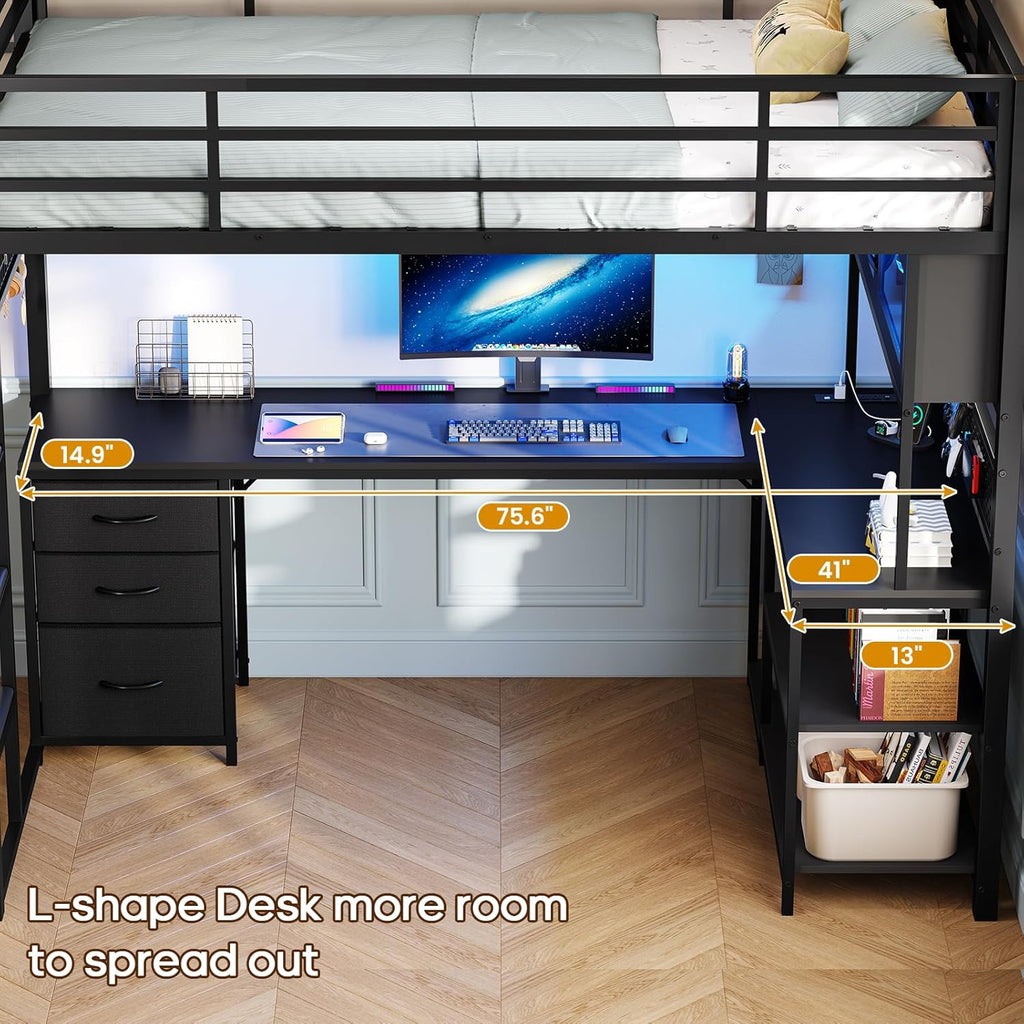 ADORNEVE Twin Size Metal Loft Bed With 75.6 x 41 in L-Shaped Gaming Desk, Drawers, Hutch And RGB Lights - Black