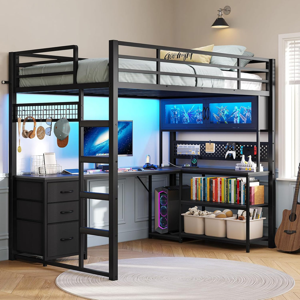 ADORNEVE Twin Size Metal Loft Bed With 75.6 x 41 in L-Shaped Gaming Desk, Drawers, Hutch And RGB Lights - Black