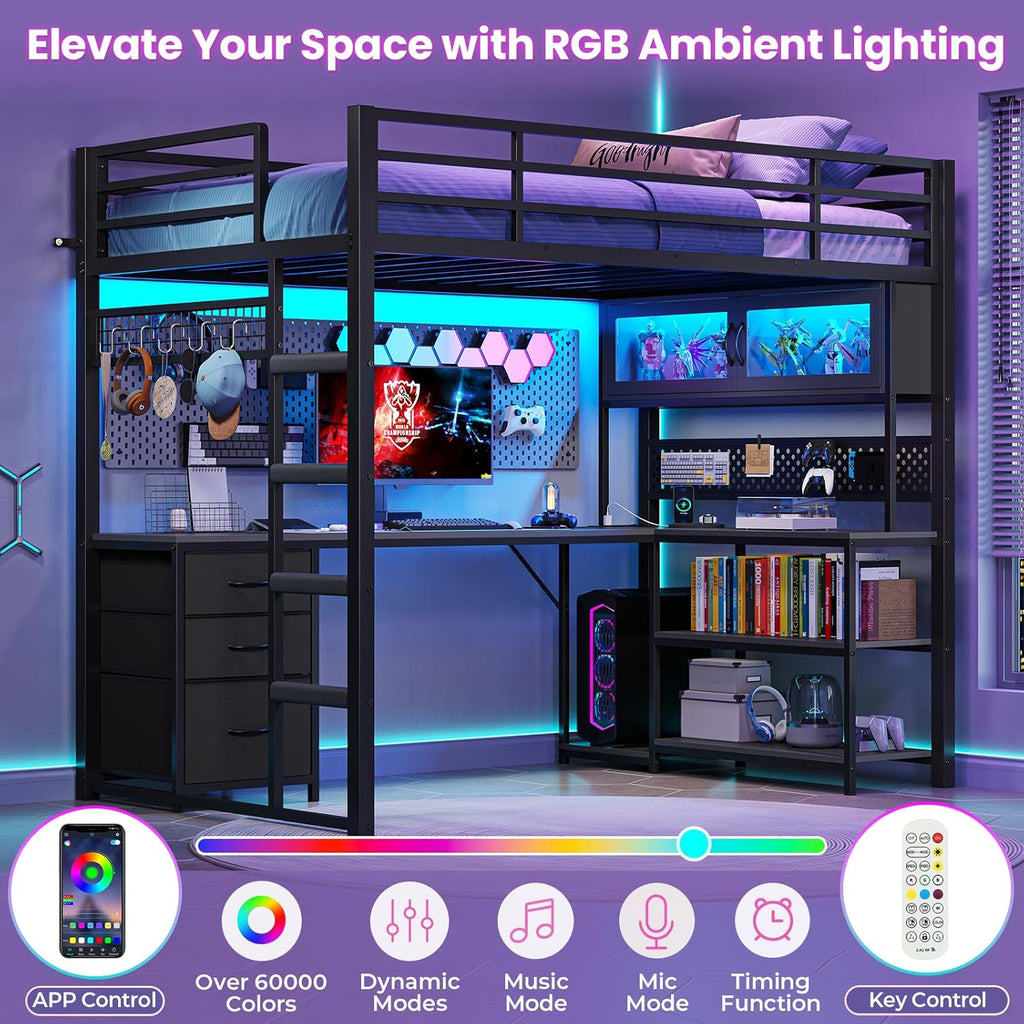 ADORNEVE Twin Size Metal Loft Bed With 75.6 x 41 in L-Shaped Gaming Desk, Drawers, Hutch And RGB Lights - Black