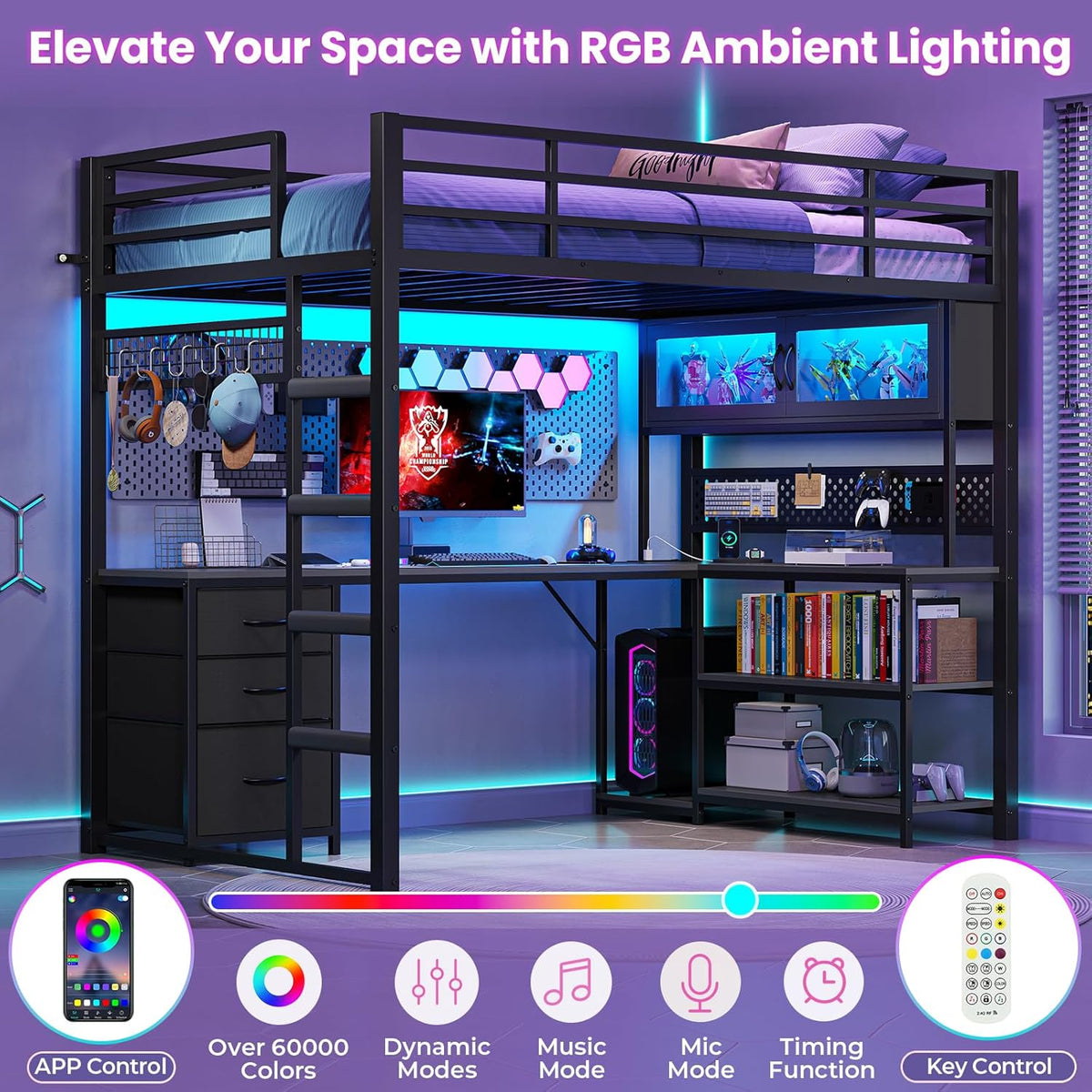 ADORNEVE Twin Size Metal Loft Bed With 75.6 x 41 in L-Shaped Gaming Desk, Drawers, Hutch And RGB Lights - Black