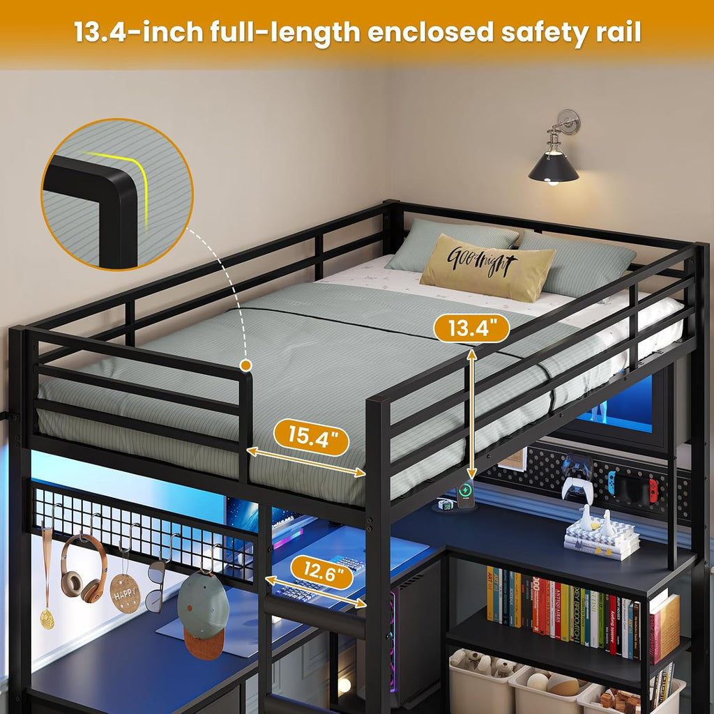 ADORNEVE Twin Size Metal Loft Bed With 75.6 x 41 in L-Shaped Gaming Desk, Drawers, Hutch And RGB Lights - Black