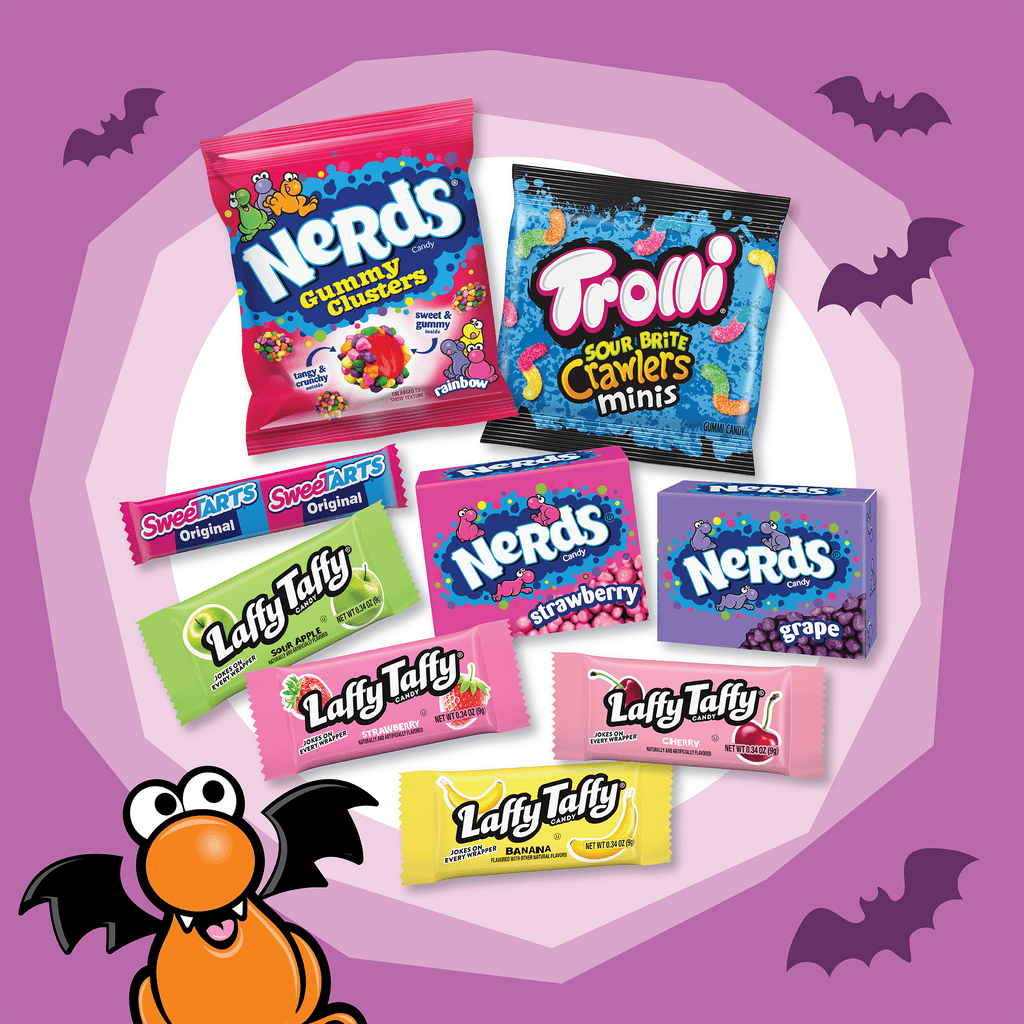 Nerds Core Winners Halloween Trick-or-Treat Variety Bag, NERDS Gummy Clusters, SweeTARTS, Trolli, Laffy Taffy, and NERDS Original, 95 Pieces, 32.71 Ounces