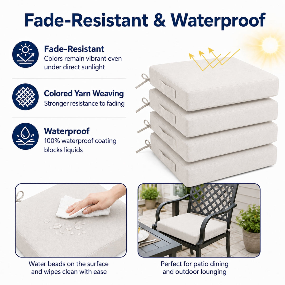 4-Pack Outdoor Chair Cushions 19x19x3 Inch,Waterproof Patio Seat Cushions with Ties,Fade Resistant for Garden, Porch, Deck(Begie)