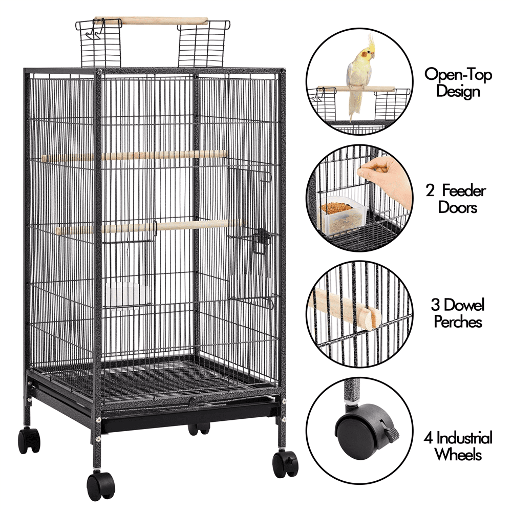 Yaheetech 40" H Wrought Iron Bird Cage with Open-Top Design & Rolling Stand Black