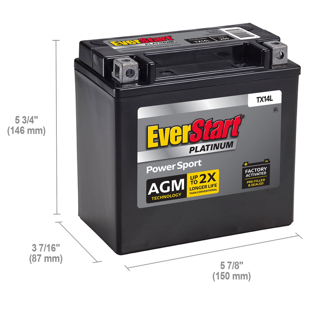 EverStart Platinum AGM Power Sport Battery, Group Size TX14L, 12 V, 200 CCA