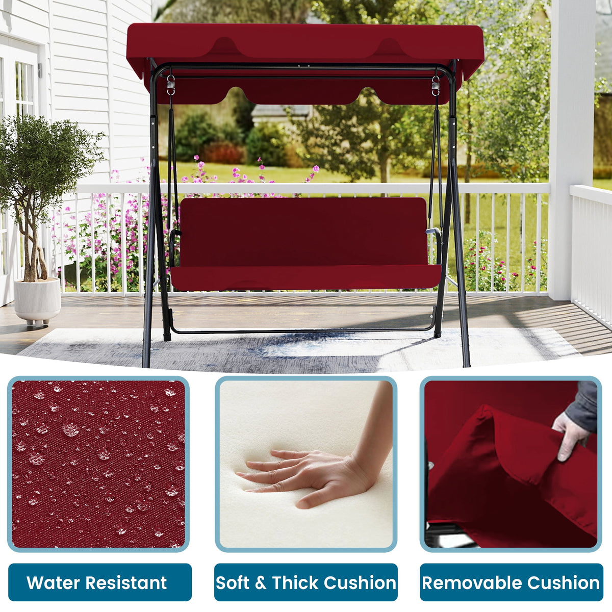 Skandiquip 3 Seats Outdoor Porch Swing with Adjustable Canopy, Adult Patio Glider Swing for Backyard, Heavy Duty Steel Frame, Red