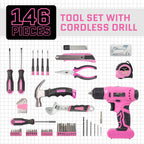 UBesGoo 146pcs Power Tool Combo Kits with 8V Cordless Drill, 10MM 3/8'' Keyless Chuck, Professional Home Household Kit DIY Hand Tool Set