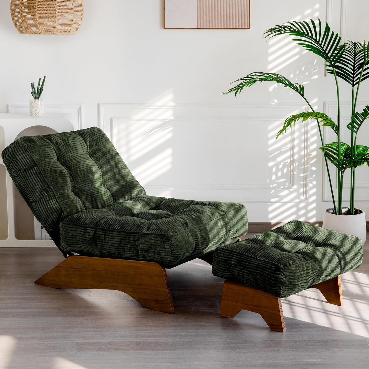 MAXYOYO Accent Chair With Ottoman, Adjustable Backrest, Corded Green, 27.1in W x 27.1in D x 15.7in H