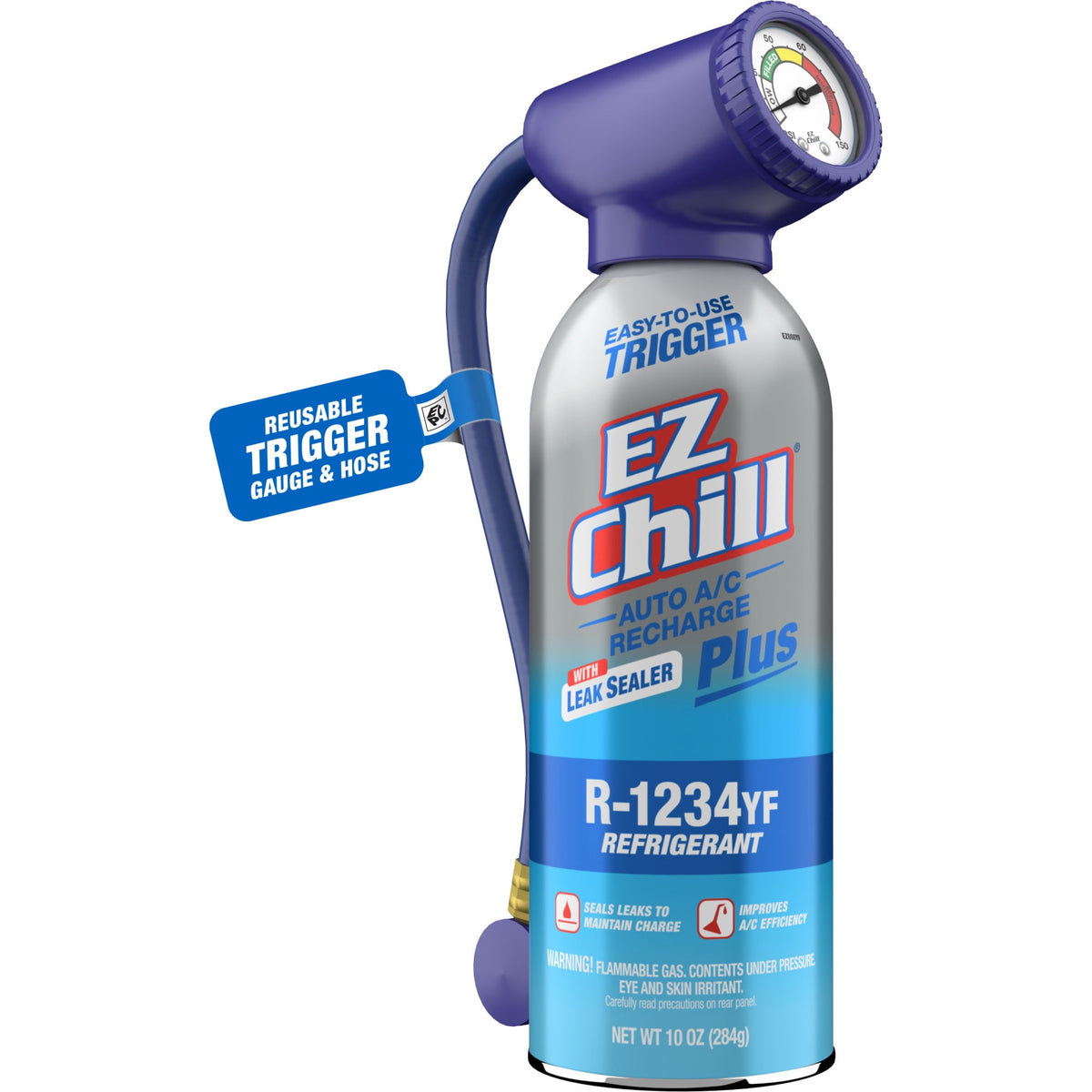 EZ Chill R-1234YF Refrigerant Plus Leak Sealer Car A/C Recharge Kit, 10 oz Can With Gauge and Hose