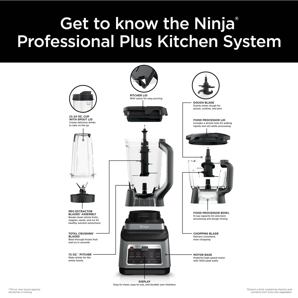 Ninja Professional Plus Kitchen System, 1400 Watts, 72 oz Blender Pitcher, 64 oz Processor Bowl, 24 oz To-Go Cups - BN800