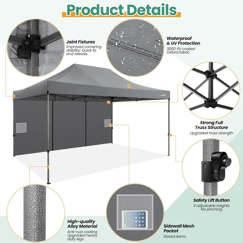 COBIZI 10x20 Heavy Duty Pop-Up Canopy Tent With 6 Sidewalls - Black