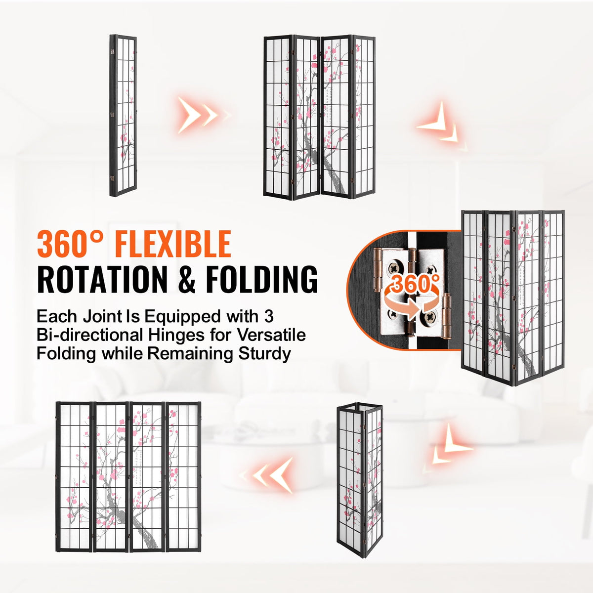 KFFKFF 4-Panel Japanese Room Divider Screen, Wooden Folding Privacy Screen for Indoor Use, Portable Partition for Room Separation and Decoration in