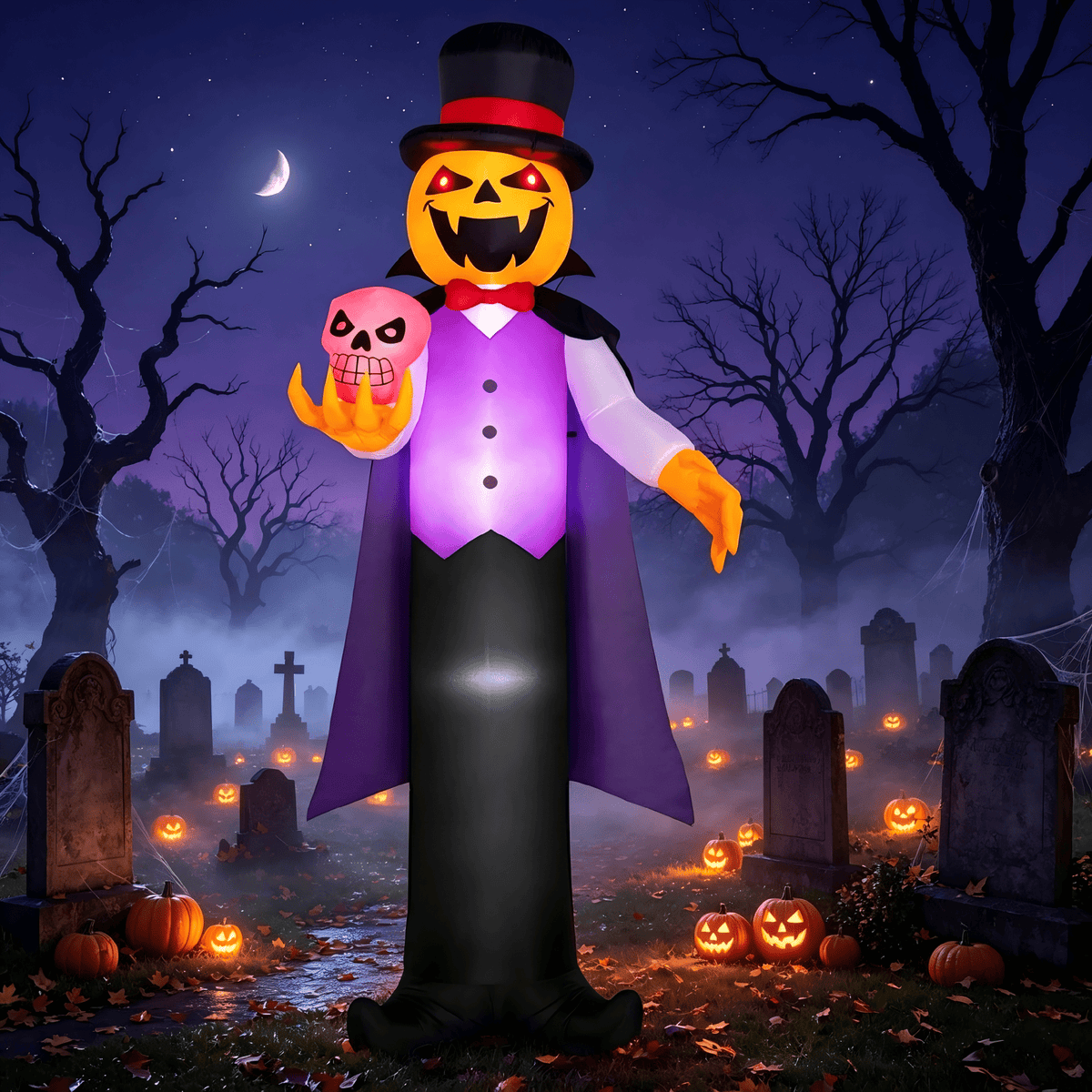 Joyfy 12 ft Giant Halloween Inflatable Pumpkin Ghost Vampire with Skull Decoration with Built-in LEDs, Ghost Halloween Decorations Outdoor Blow Up Yard Lawn Decoration