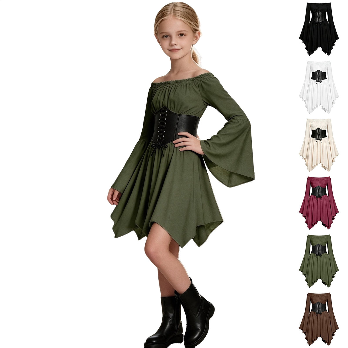 Kids Off the Shoulder Pirate Dresses with Sash Two Piece Set Pirate Costume Halloween Cosplay Halloween Costume Kids Size 4-14 Years
