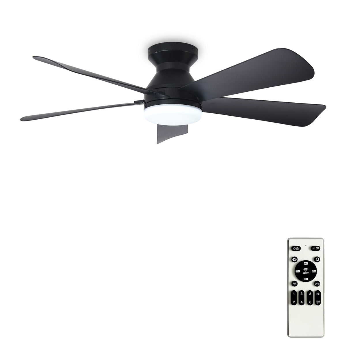42-Inch Low Profile Ceiling Fan with Light - Dimmable LED, 6-Speed and 3 CCT, Quiet DC Motor, Remote Control, 5 Black Blades for Indoor/Outdoor
