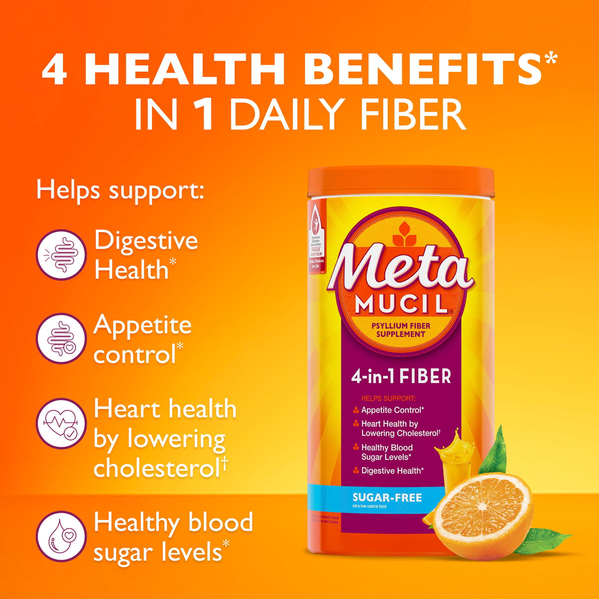 Metamucil GLP-1 Friendly Fiber Supplement, Sugar Free Fiber Powder, Orange, 180 Servings
