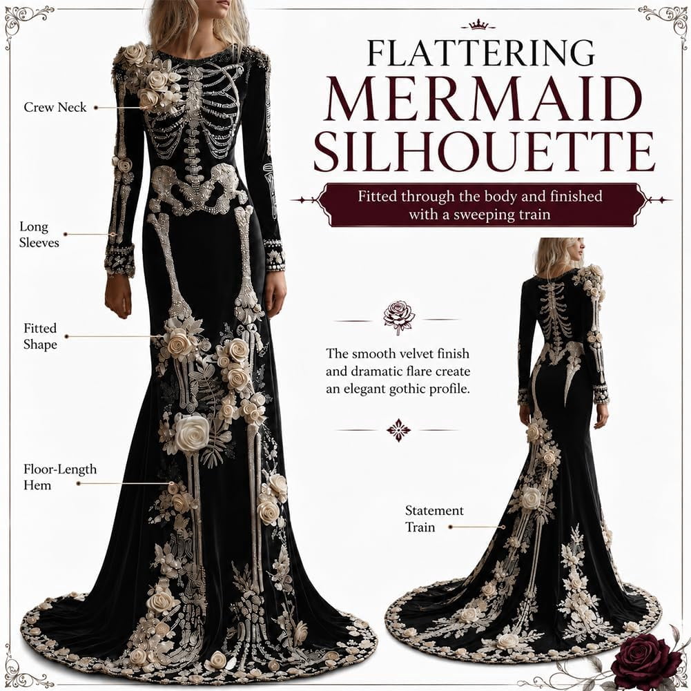 Women Skeleton Dress 3D Print Velvet Floral Long Sleeve Halloween Costumes, Skeleton Costume for Women Cosplay Party