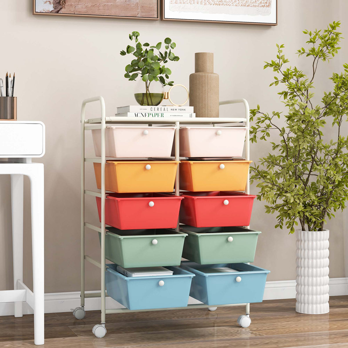 Costway 10-Drawer Storage Cart Utility Rolling Trolley Kitchen Office Organizer Macaron