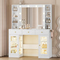 Makeup Vanity Desk With Mirror, LED Lights, Glass Top, 3 Drawers And 2 RGB Glass Cabinets, White