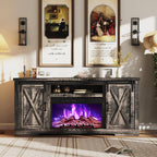 AMERLIFE Fireplace TV Stand With Sliding Barn Door, 63in Dark Rustic Oak - For TVs Up To 73in
