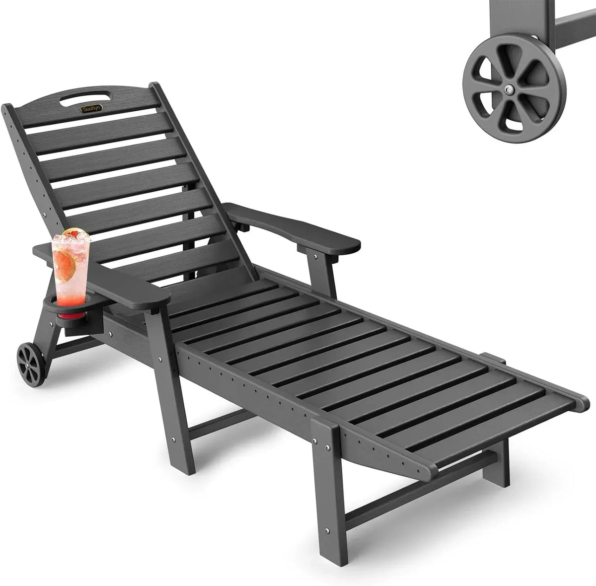 SUUNYN HDPE 6-Position Outdoor Chaise Lounge Chair With Wheels And Cup Holder - Teak