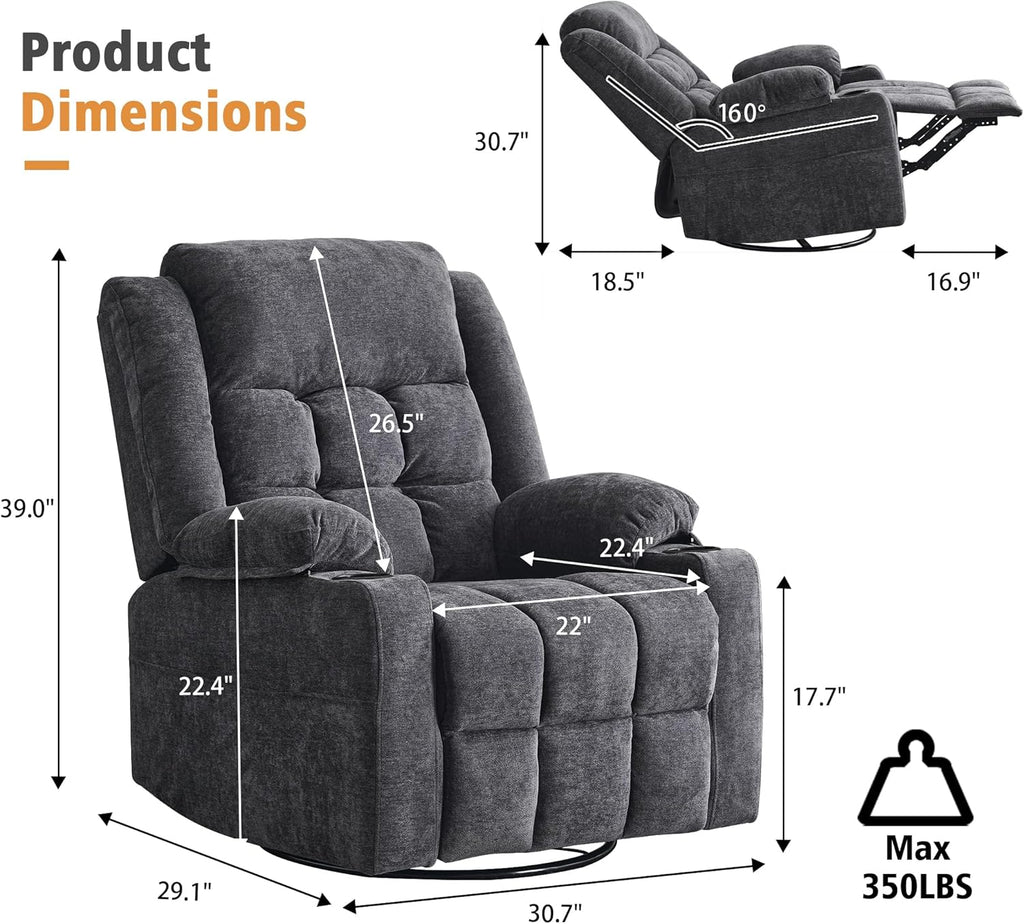 Power Swivel Rocker Recliner Chair With Massage, Heat, USB And Type-C Ports - Dark Grey Fabric