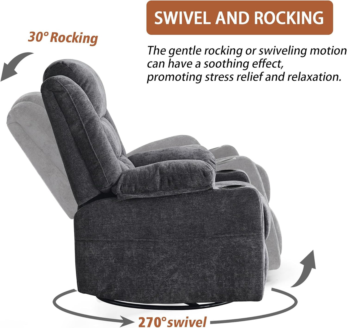 Power Swivel Rocker Recliner Chair With Massage, Heat, USB And Type-C Ports - Dark Grey Fabric