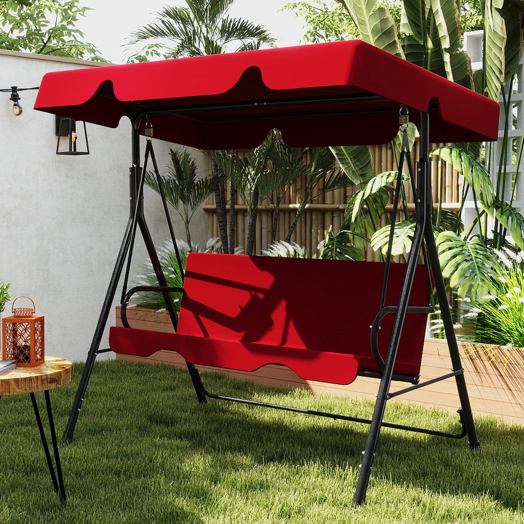 Skandiquip 3 Seats Outdoor Porch Swing with Adjustable Canopy, Adult Patio Glider Swing for Backyard, Heavy Duty Steel Frame, Red