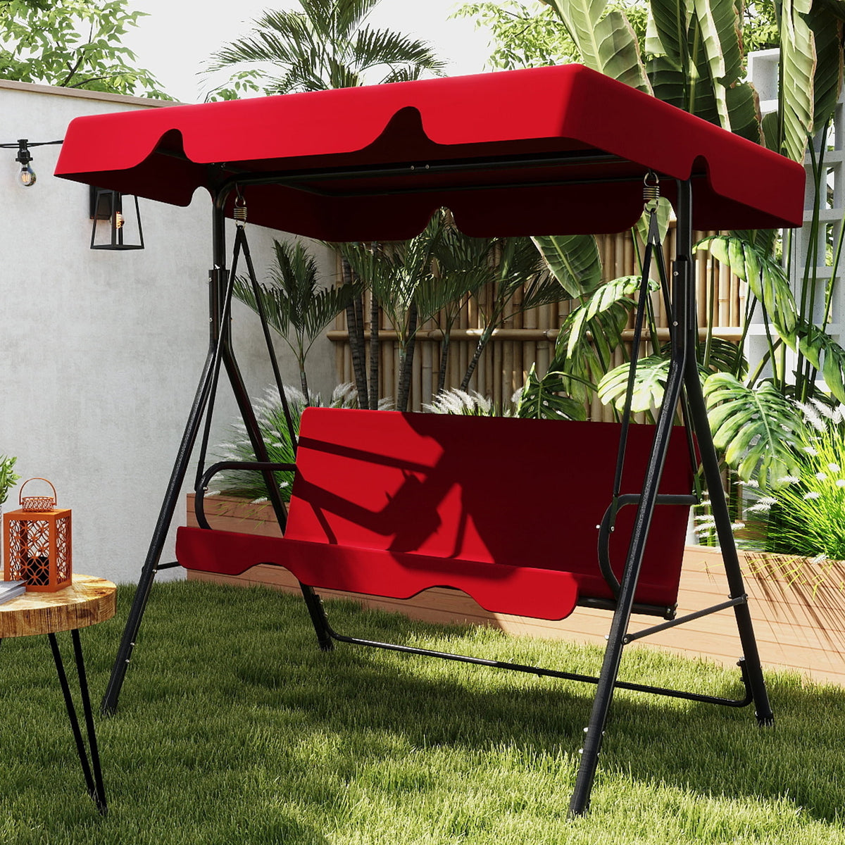 Skandiquip 3 Seats Outdoor Porch Swing with Adjustable Canopy, Adult Patio Glider Swing for Backyard, Heavy Duty Steel Frame, Red