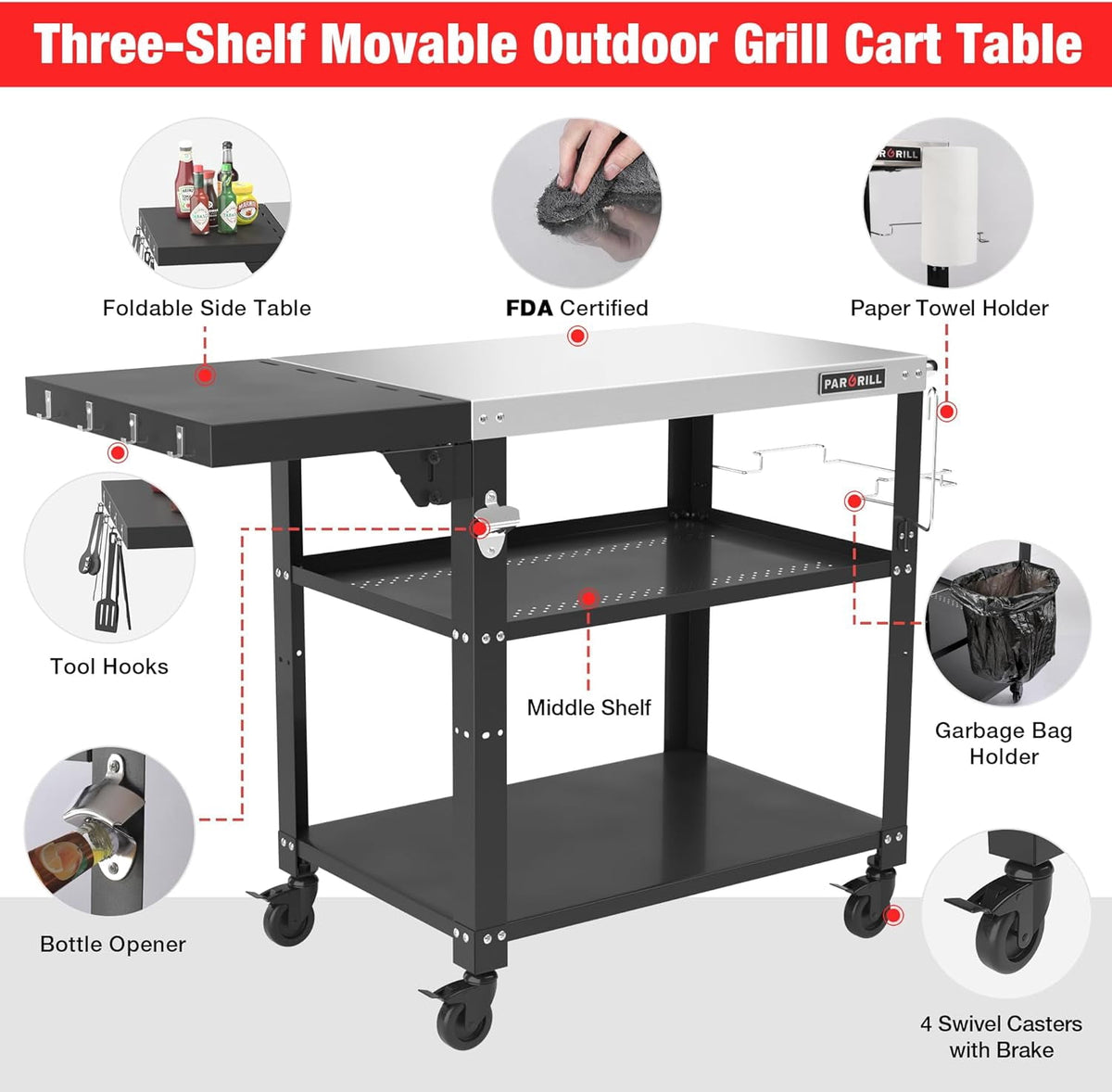 PARGRILL Three-Shelf Outdoor Grill Prep Utility Cart with Foldable Side Table, 46.6" x 20", 4 Lockable Casters，200 LBS