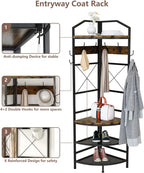 Corner Coat Rack Hall Tree With Shoe Bench, 6 Metal Hooks, Rustic Brown And Black, 17.72in x 17.72in x 72.05in