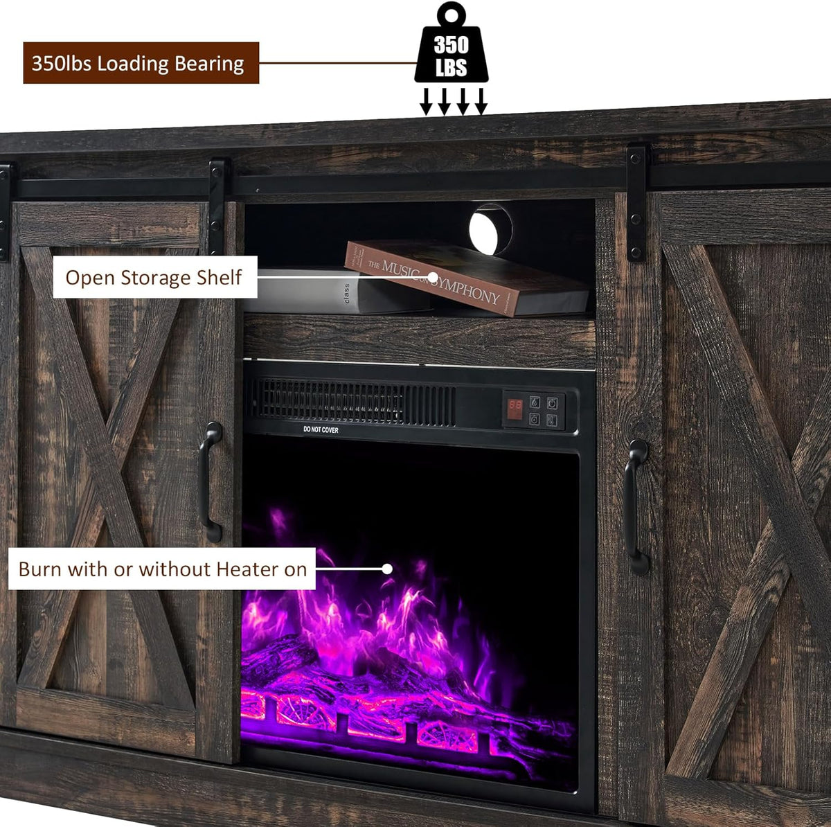 AMERLIFE Fireplace TV Stand With Sliding Barn Door, 63in Dark Rustic Oak - For TVs Up To 73in