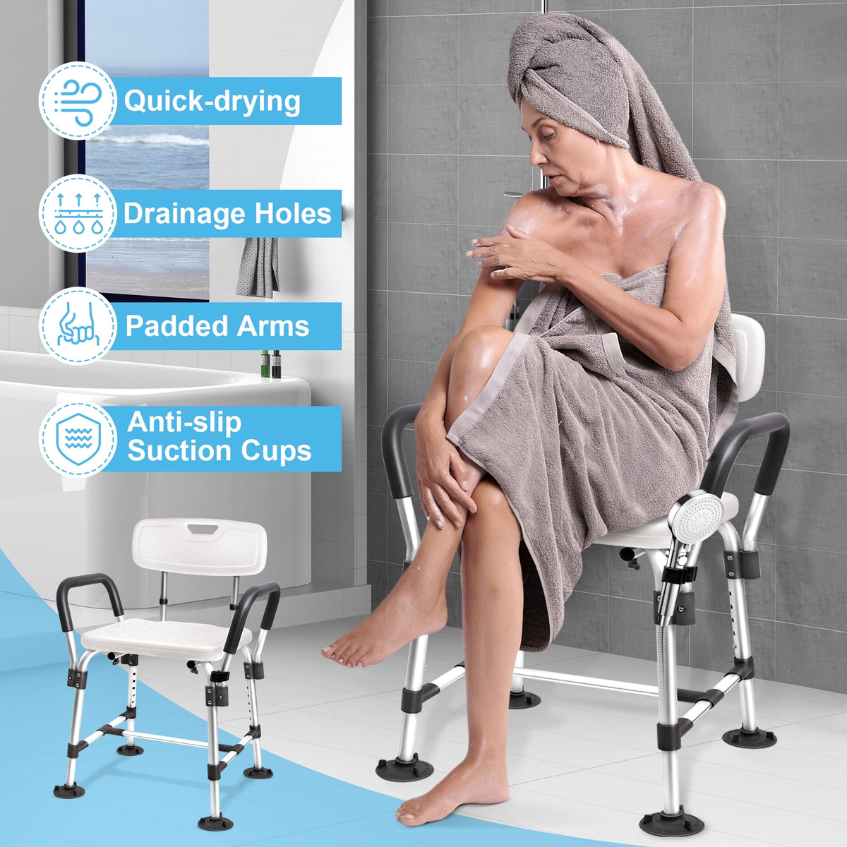 COSYWILL Shower Chair for Inside Shower,Bath Chair with Arms and Back,Heavy Duty Safety Shower Bench with Height Adjustable Bath Seat,White