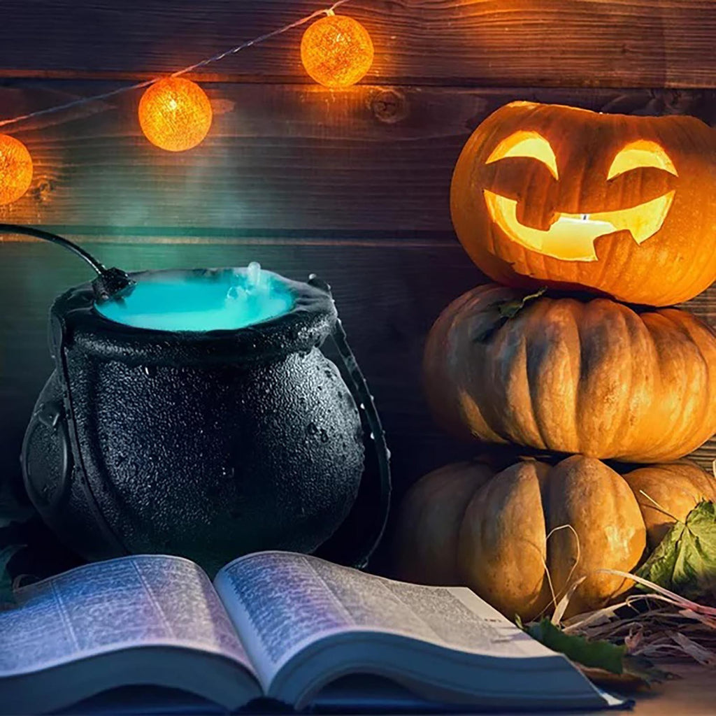 Halloween Decorations Cauldron Mister 12 LED Mist Maker Fogger Cauldron Witch Jar Atomizer Lamp Punch Bowl Candy Fire Flame Bucket Fogger Misting Cauldron Party Favors