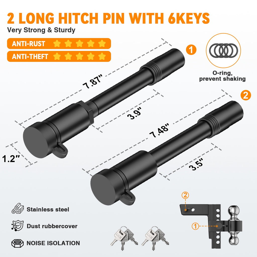 Adjustable Trailer Hitch, Fits 2" Receiver-Heavy Duty Aluminum Tow Hitches with 6-inch Drop/Rise for Truck (13,500 lbs GTW) - Weatherproof Double