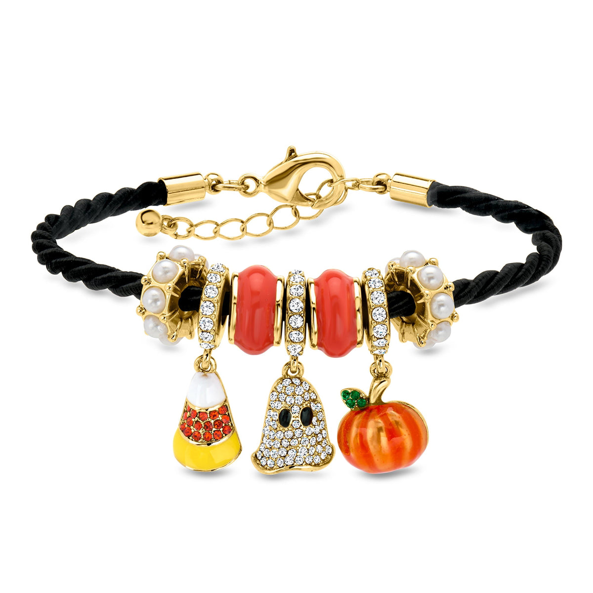 Ross-Simons 14kt Yellow Gold-Plated and Multicolored Enamel Halloween Bead Charm Bracelet With Simulated Gems/Pearls and Black Cord, Women's, Adult