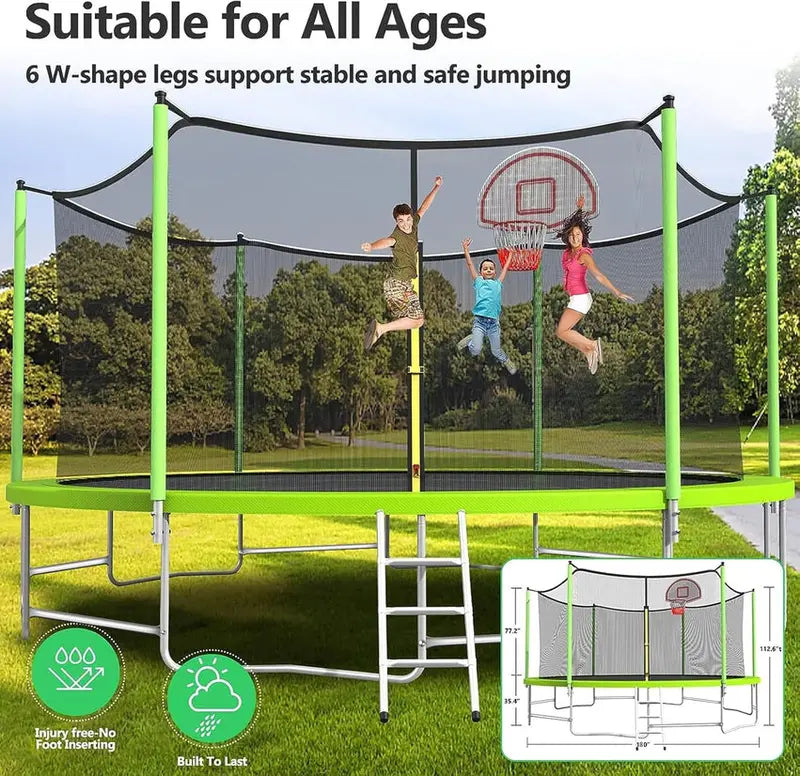Trampoline With Enclosure Net And Adjustable Basketball Hoop - 8ft, 10ft, 12ft, 14ft, 15ft, 16ft