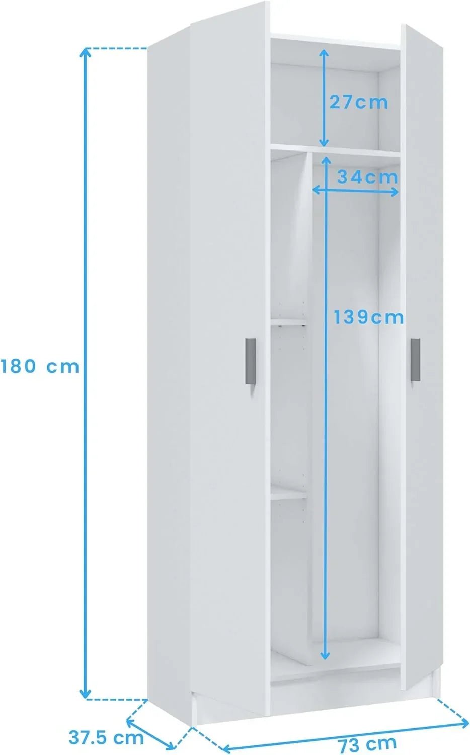 Habitdesign Multi-Purpose Broom Cabinet, 2 Doors, 3 Shelves, 180 x 73 x 37 cm, Matt White